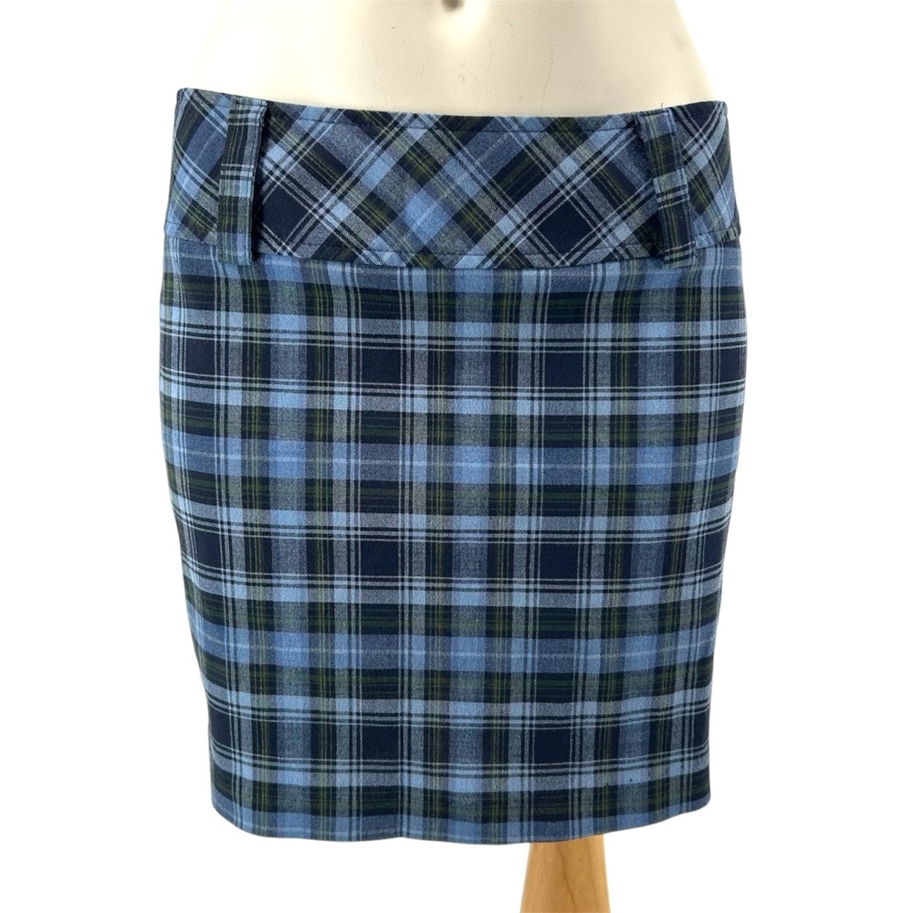 Vintage 90s Y2K Mandee Blue and Green Plaid Print Mini Skirt with Wide Waistband